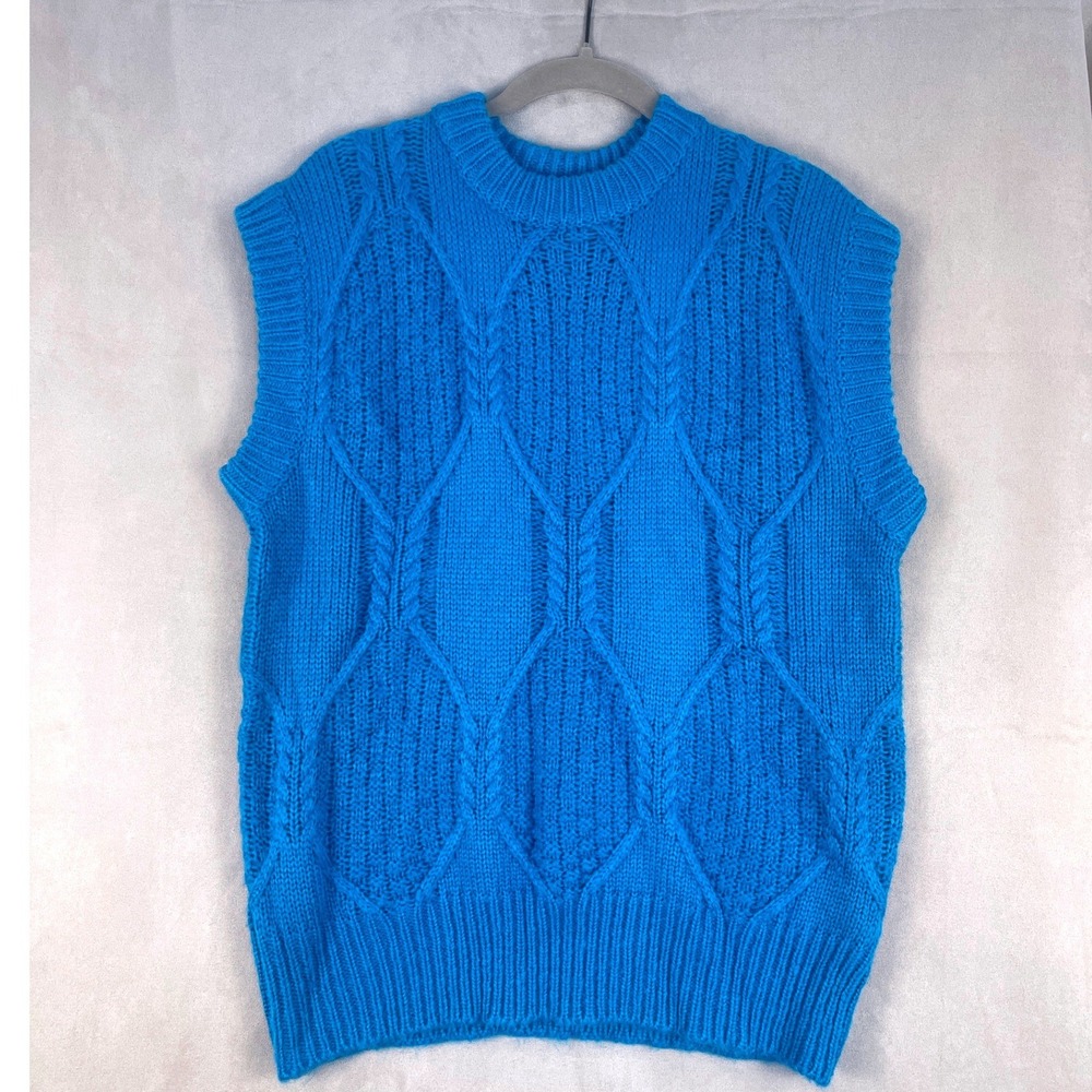 FRENCH PARIS Women Blue Cable Knit Sweater Vest Sleeveless Crew Neck Small